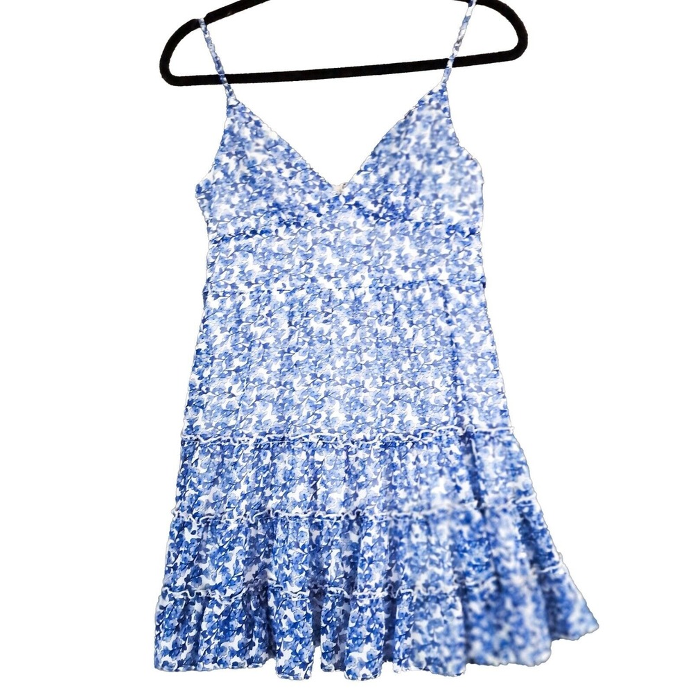 B.Darlin Blue White Floral Dress 4 Sleeveless Ruffle Hem Summer Sundress V Neck